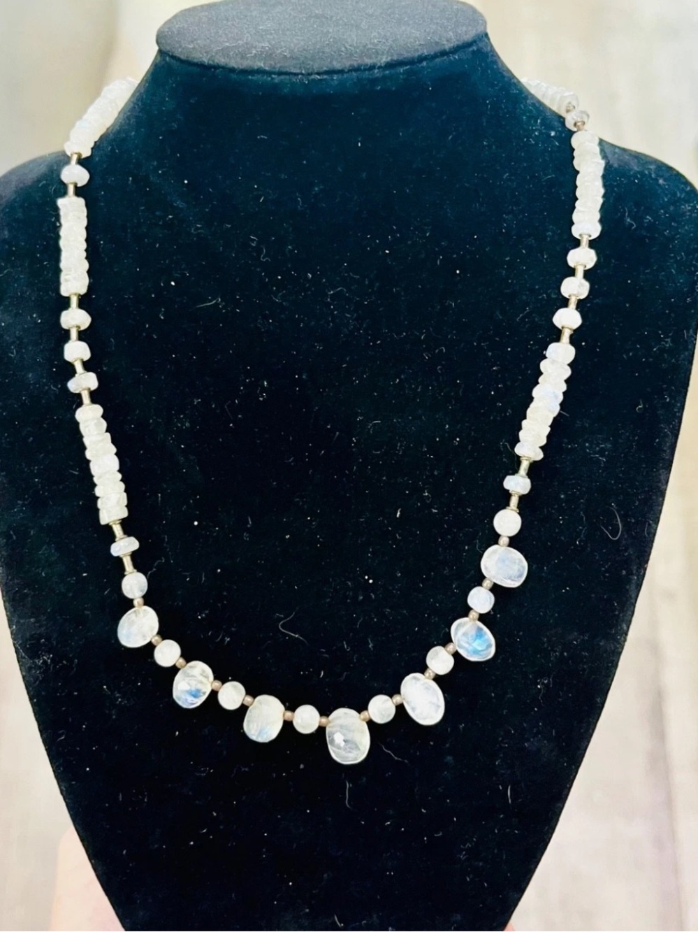 Vintage Stunning Moonstone Necklace Strong Blue Flash Beads w/ Hook Clasp.